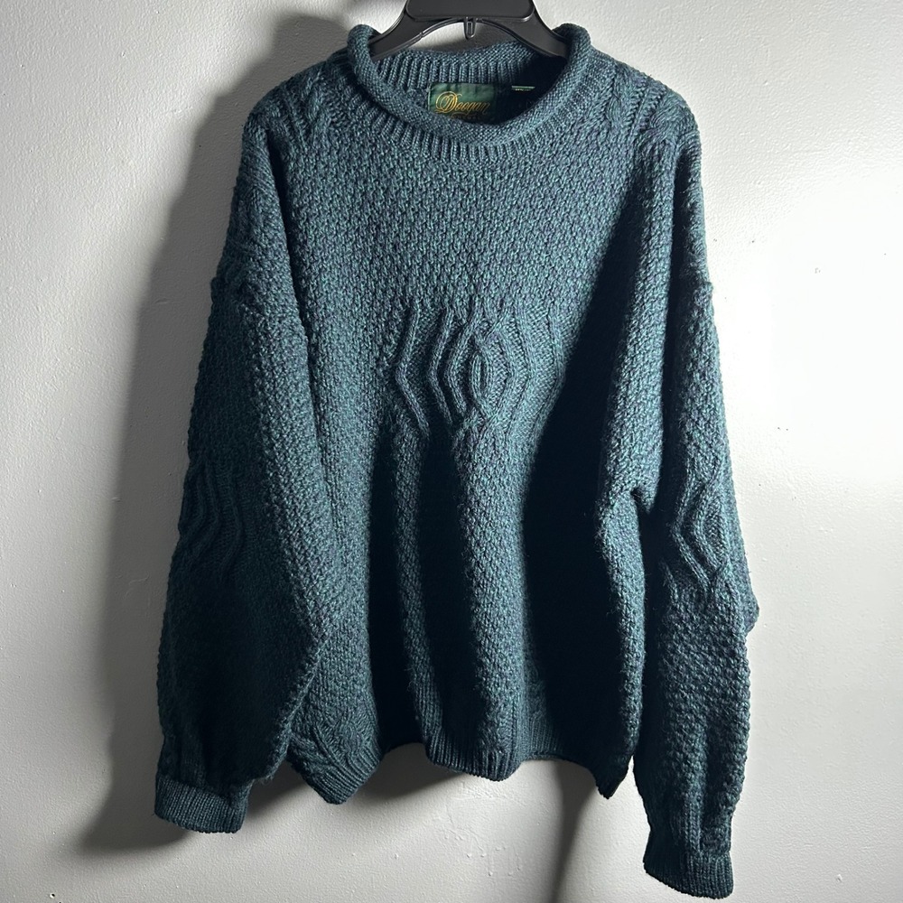 Doogan Donegal Mens XL Wool Sweater Made in Ireland Green Cable Knit Fisherman